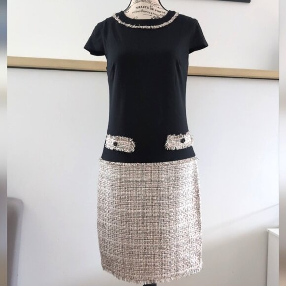 KARL LAGERFELD | Women's Tweed & Solid Sheath Short Sleeved Dress in Blush Multi - Picture 1 of 8